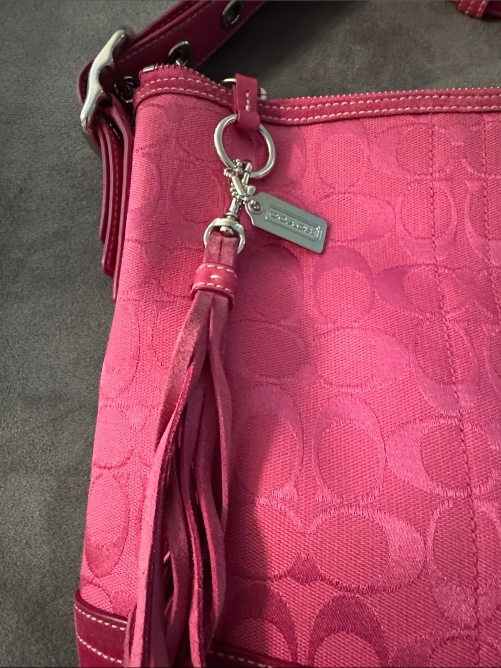 Coach Hot Pink Signature Canvas Shoulder Bag with Tassel Charm - Picture 2 of 8